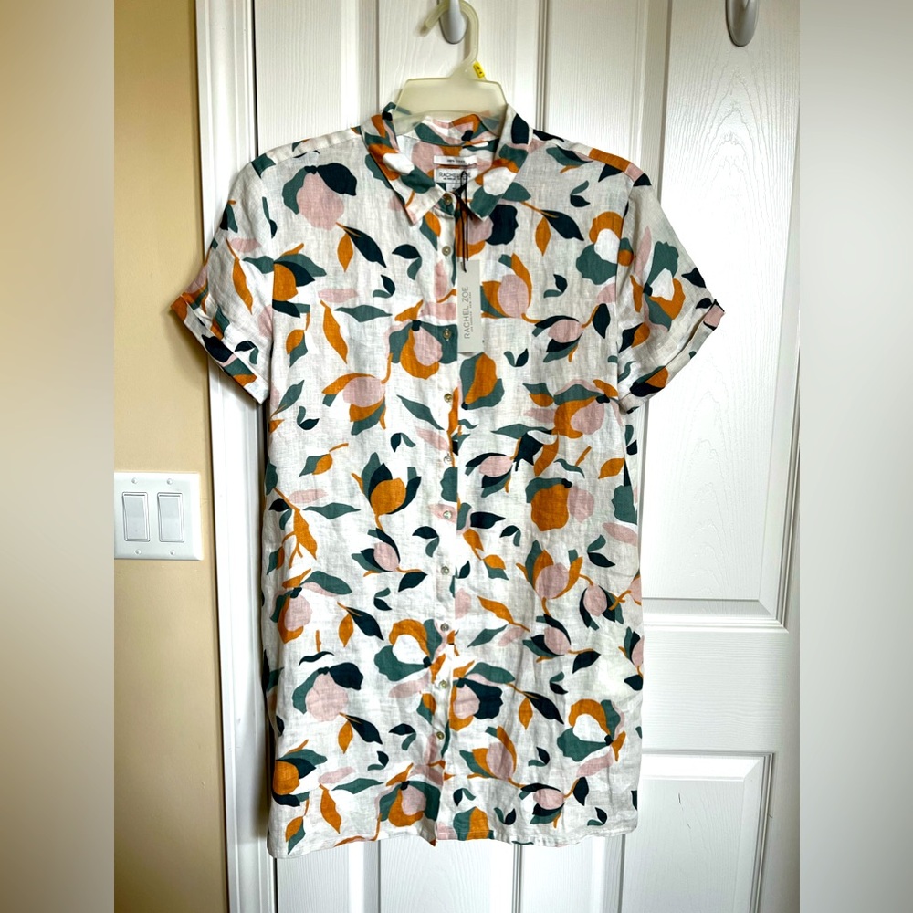 Rachel Zoe Abstract Floral short sleeves button front linen dress. Large.